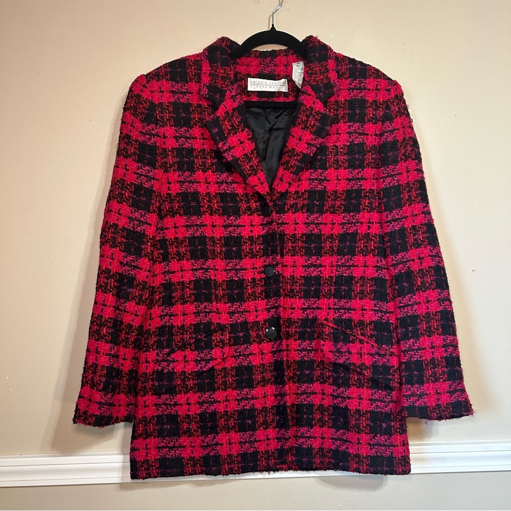 Valerie Stevens Women’s Fuchsia Red Black 100% New Wool Plaid Tweed Blazer Sz. 8